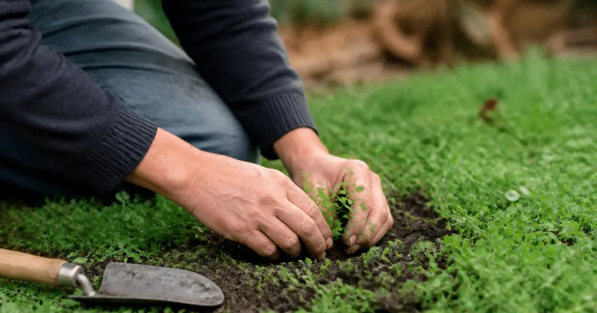 Mains plantant couvre-sol dense au sol du jardin