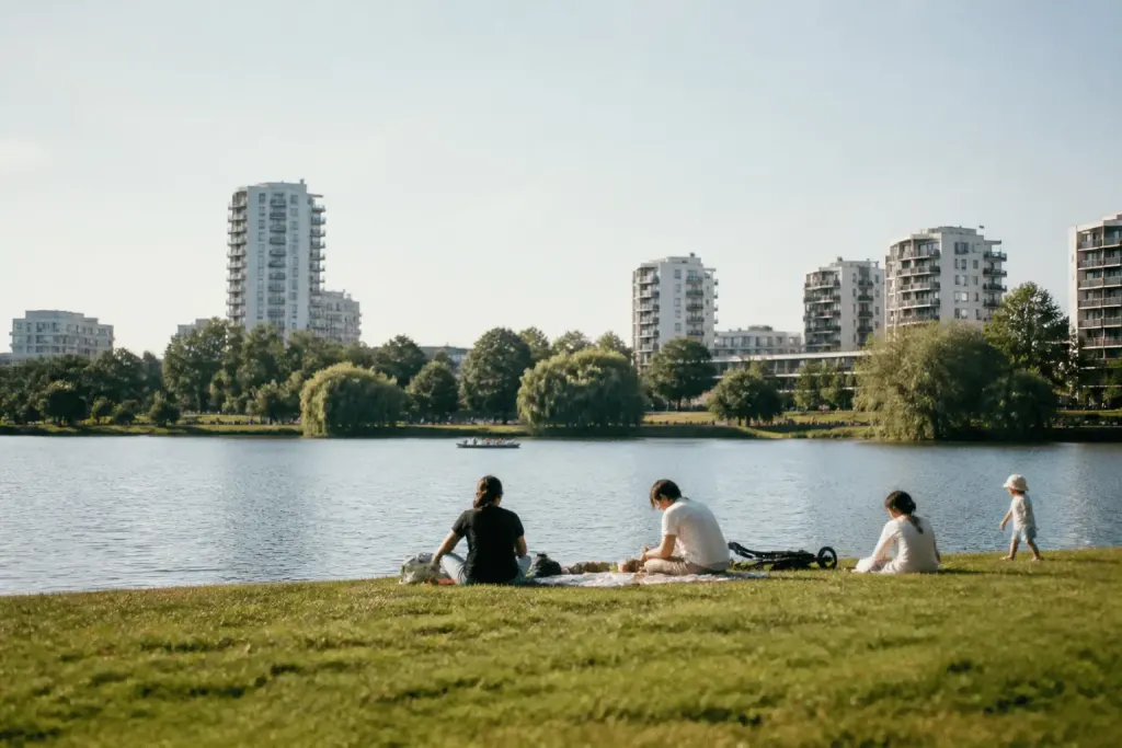 Lac avec immeubles modernes et espaces verts familiaux