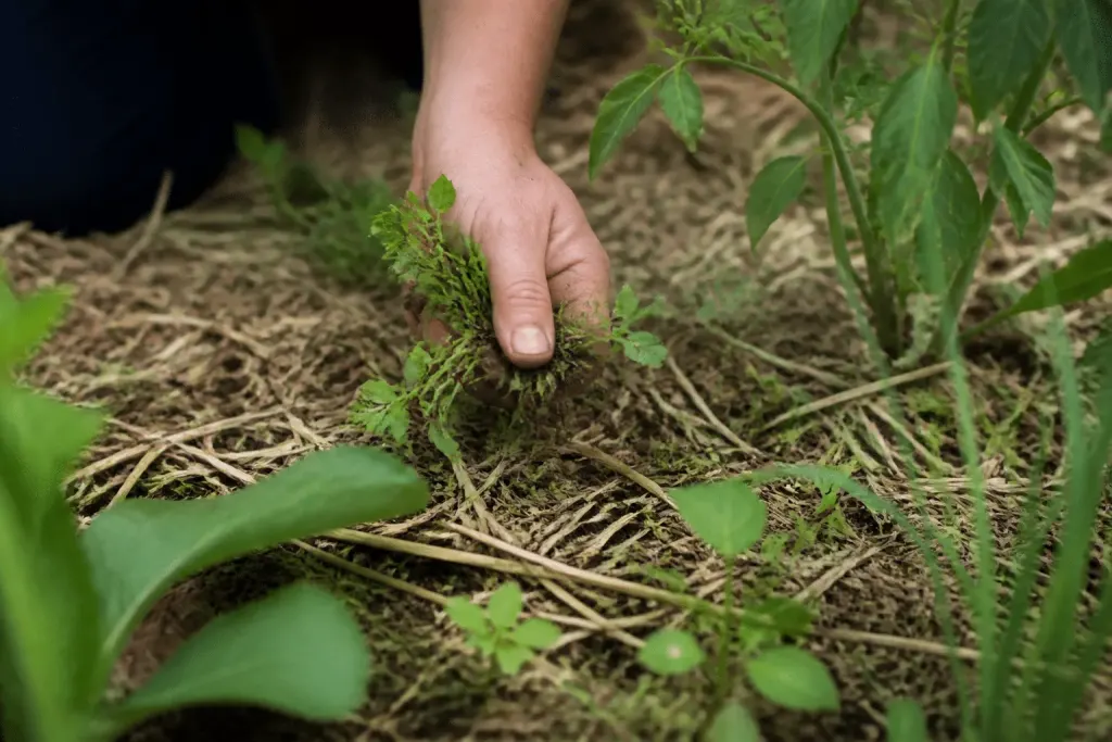 Mains arrachant mauvaises herbes dans paillis végétal dense