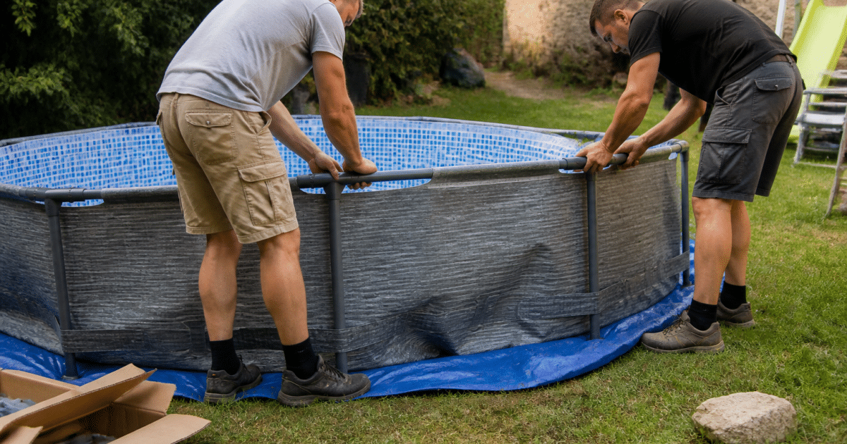 Ouvriers installant structure metallique piscine gonflable dans jardin