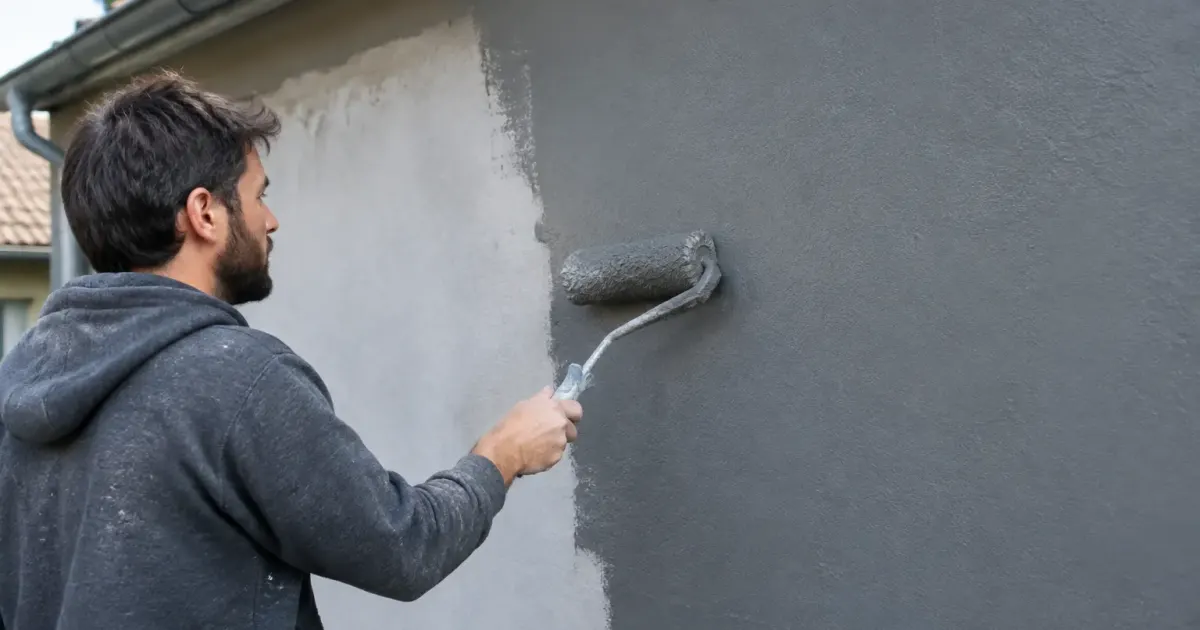Mur vertical recouvert enduit gris impermeabilisant teste