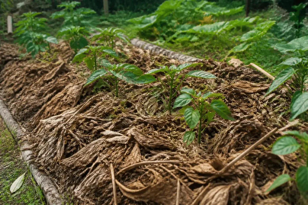 Paillis organiques bruns recouvrant sol de jardin potager