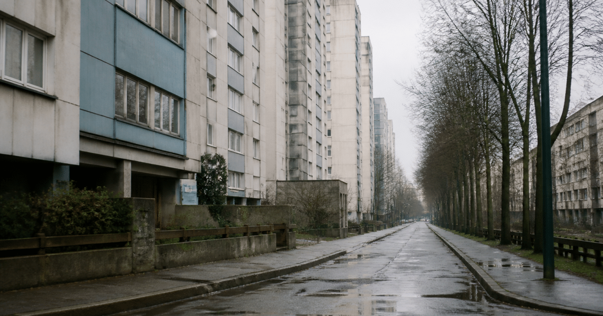 Rue urbaine avec immeubles degradés et rues vides Créteil