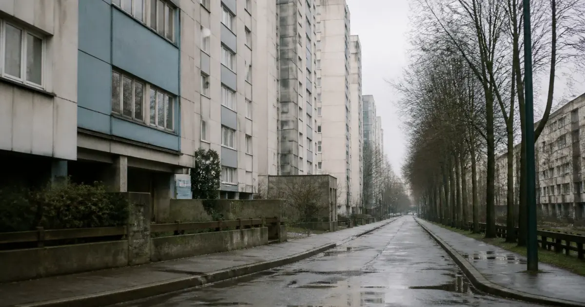 Rue urbaine avec immeubles degradés et rues vides Créteil