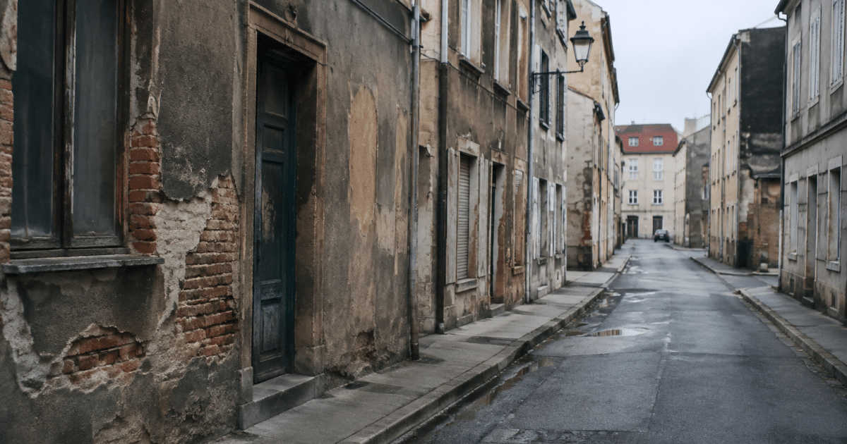 Rue urbaine avec immeubles delabres et facades grises endommagees