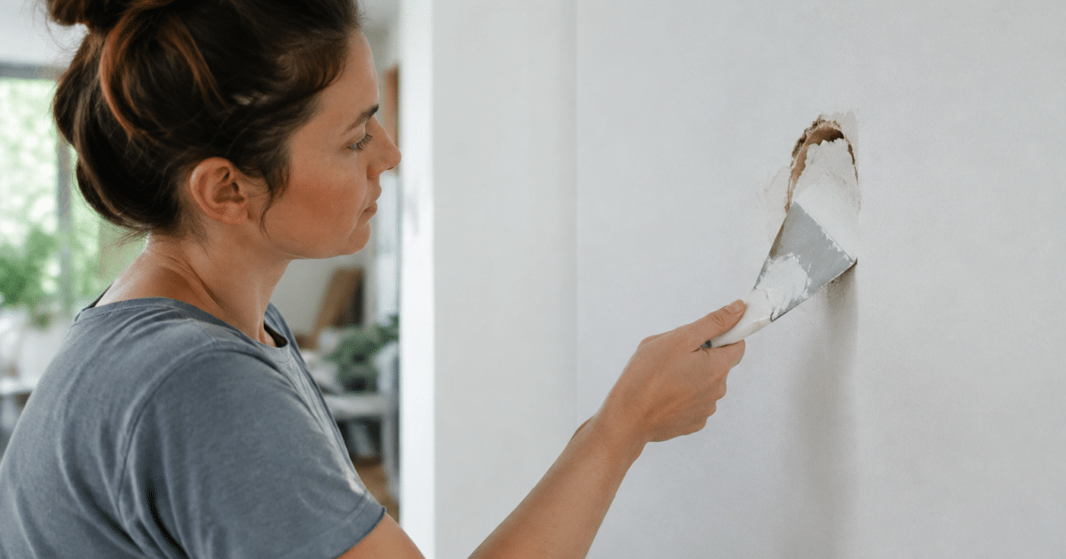 Main appliquant spatule blanche sur trou placo mur blanc