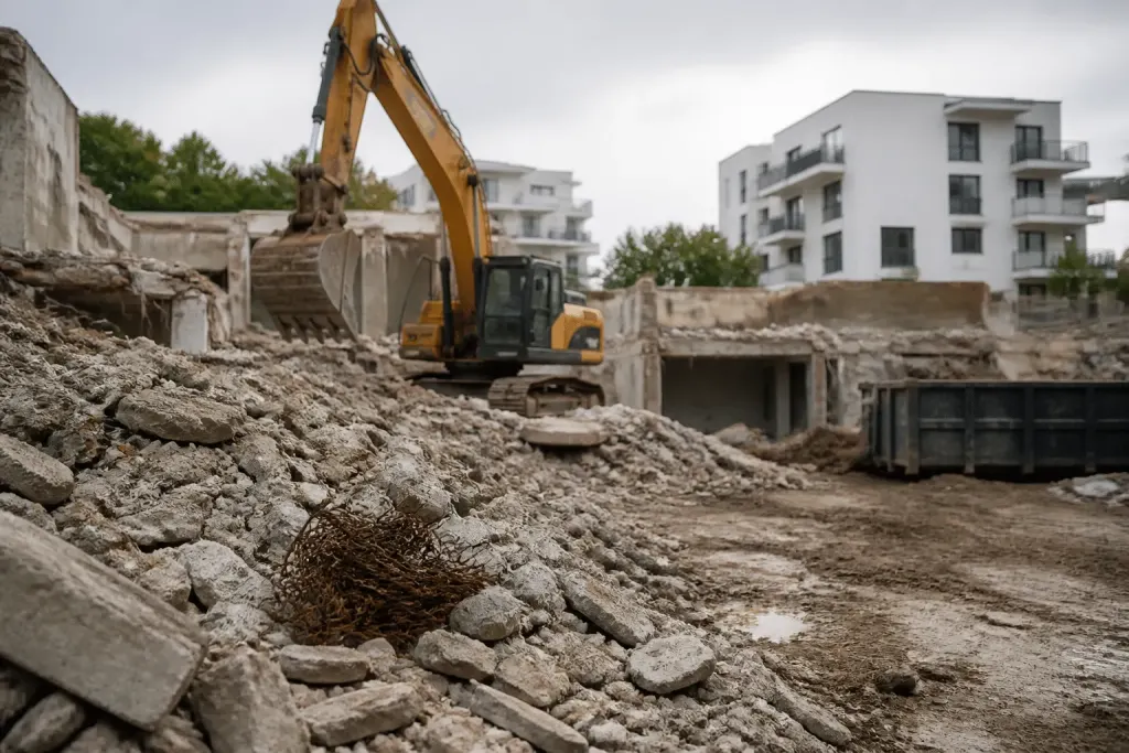Chantier de démolition avec nouvelles constructions résidentielles modernes