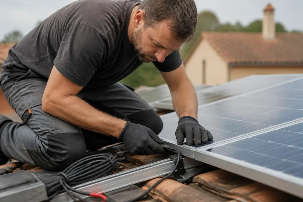 Technicien posant panneaux solaires avec cablage electrique