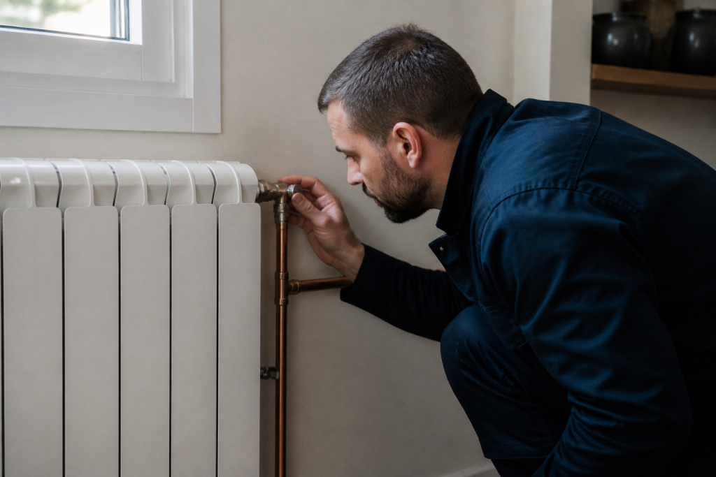 Technicien examinant radiateur blanc et tuyaux de cuivre