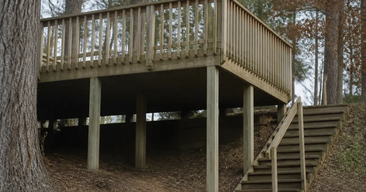 Plateforme surélevée en bois reposant sur poteaux