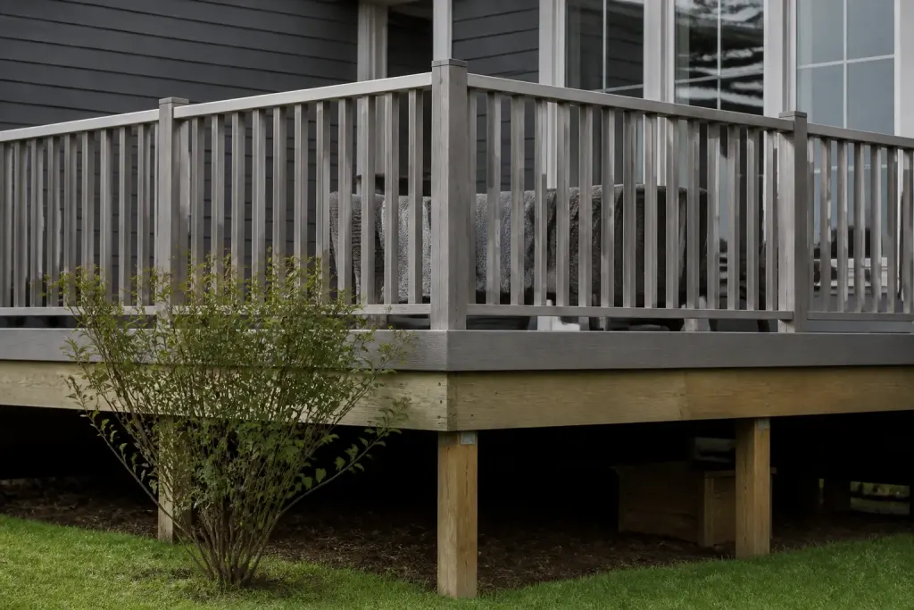 Terrasse surélevée avec garde-corps en bois gris
