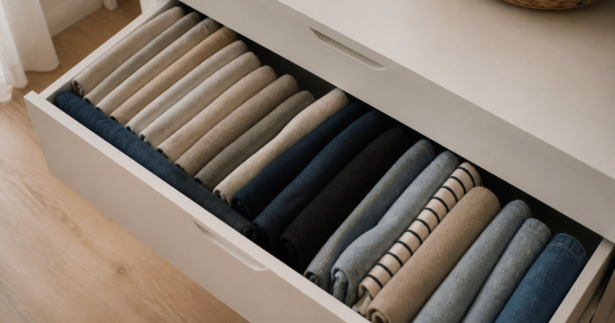 Vetements plies verticalement dans tiroir ouvert, ranger organise