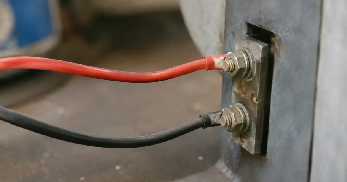 Deux cables electriques branches a des bornes metalliques