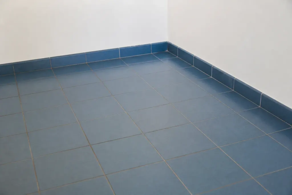 Dalles hydrauliques bleues au sol, murs blancs unis