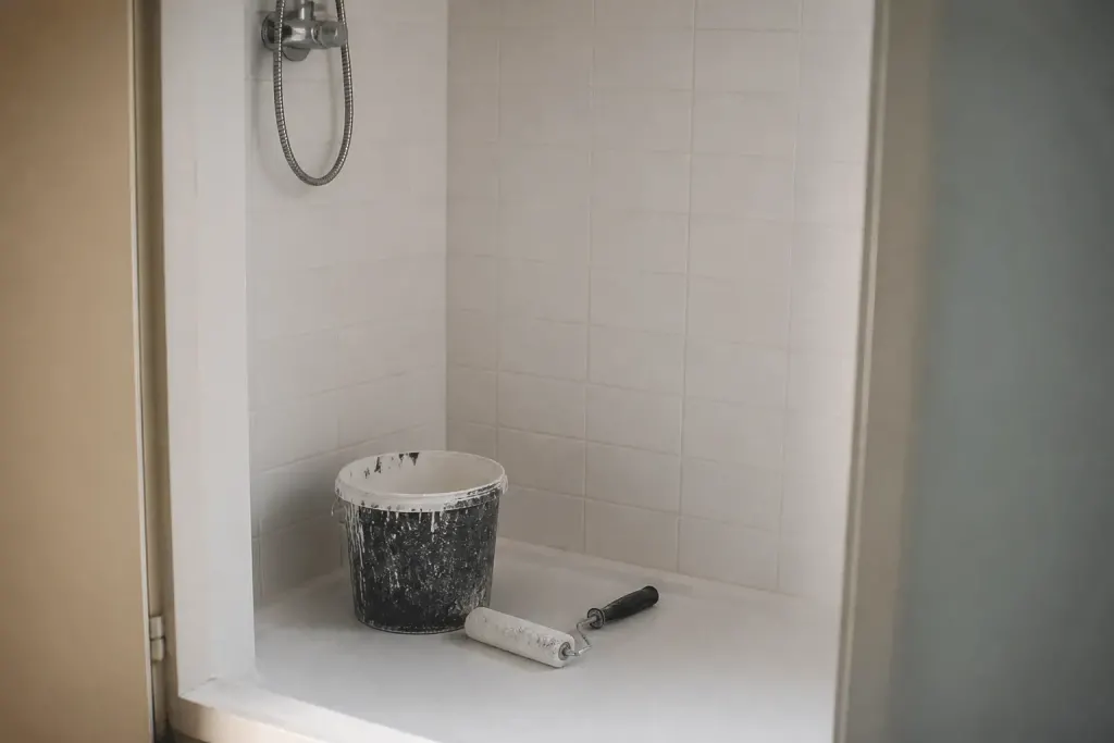 Douche carrelee avec pot de peinture et rouleau