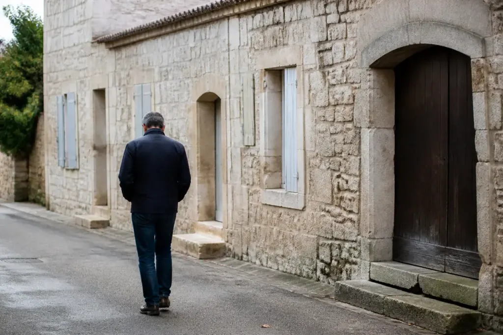 Homme marchant devant des maisons en pierre