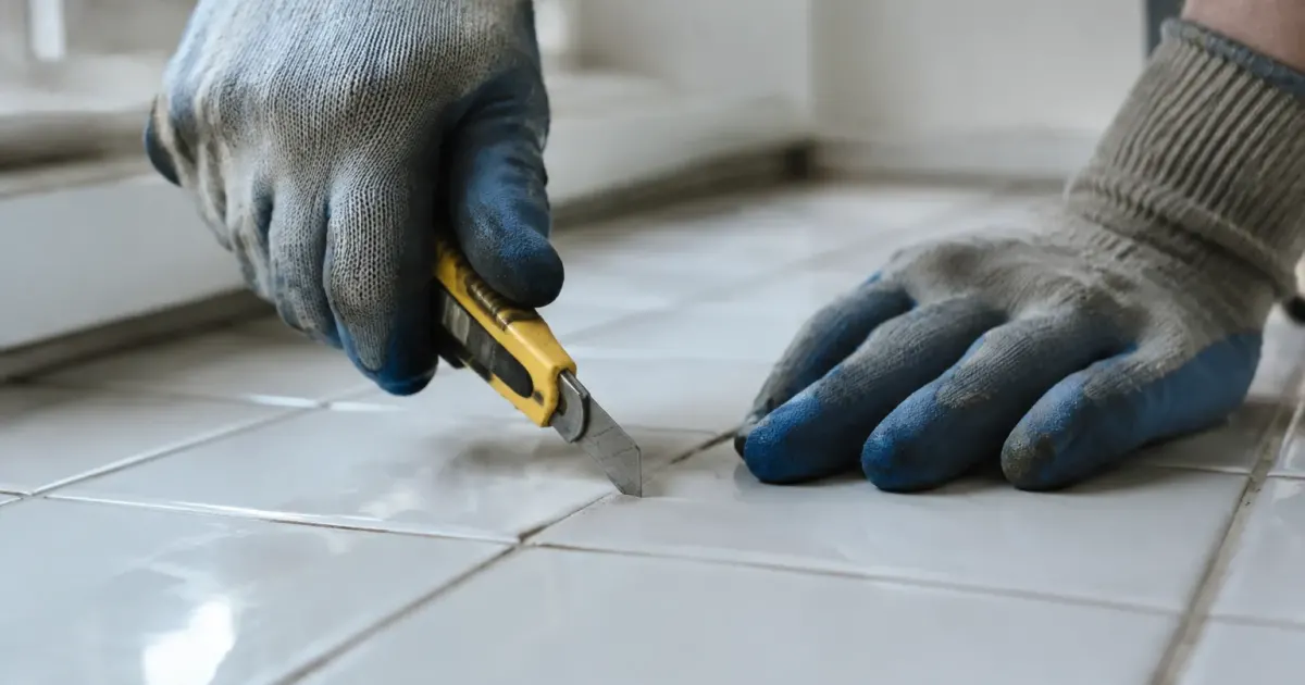 Mains gantees tenant un cutter incline sur carreaux blancs