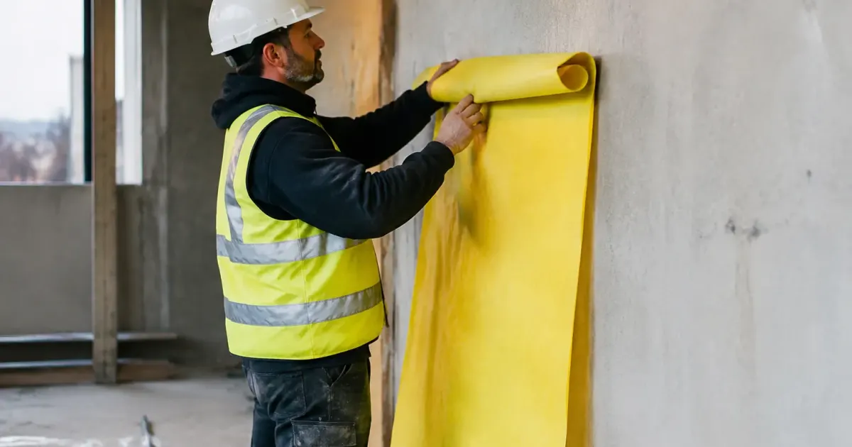Ouvrier casque debout deroule panneau jaune contre cloison