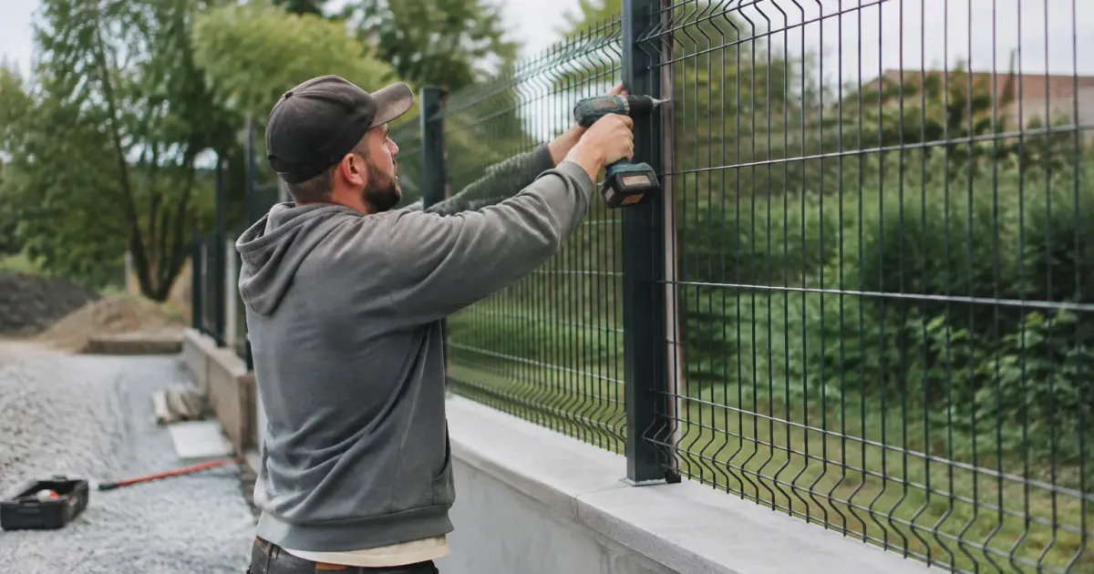 Ouvrier debout fixant panneaux de grillage sur muret gris