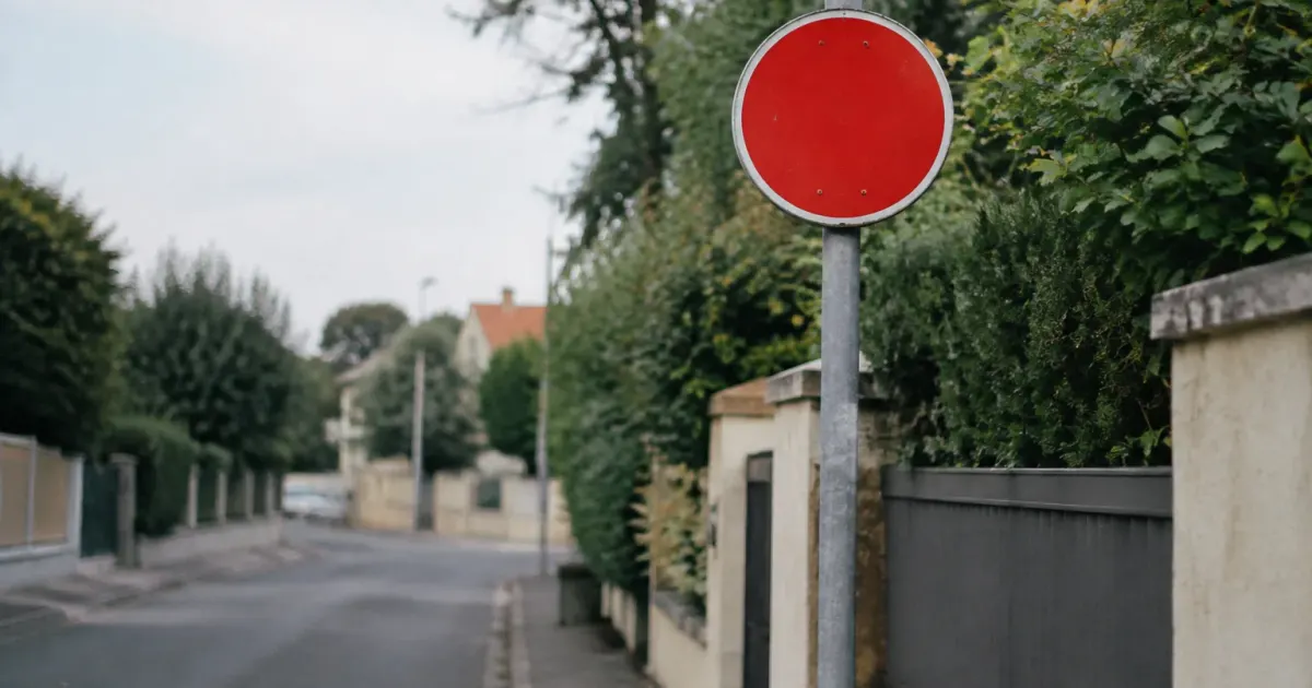 Panneau rouge sur poteau, rue calme