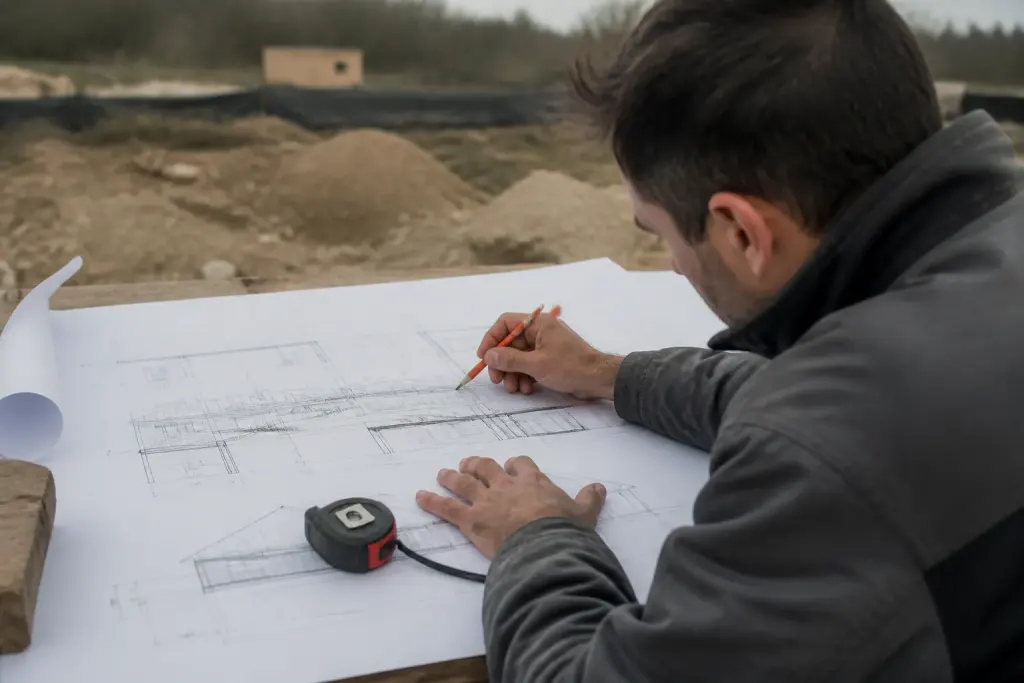 Plans edifice avec annotations mesures hauteur et distance