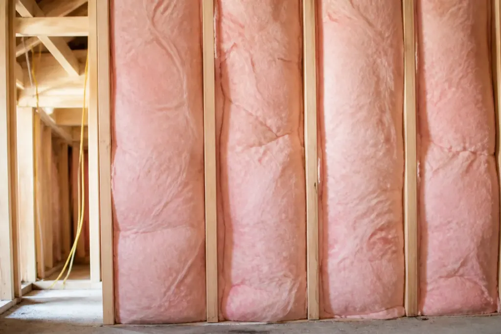 Rouleaux de laine rose entre montants bois