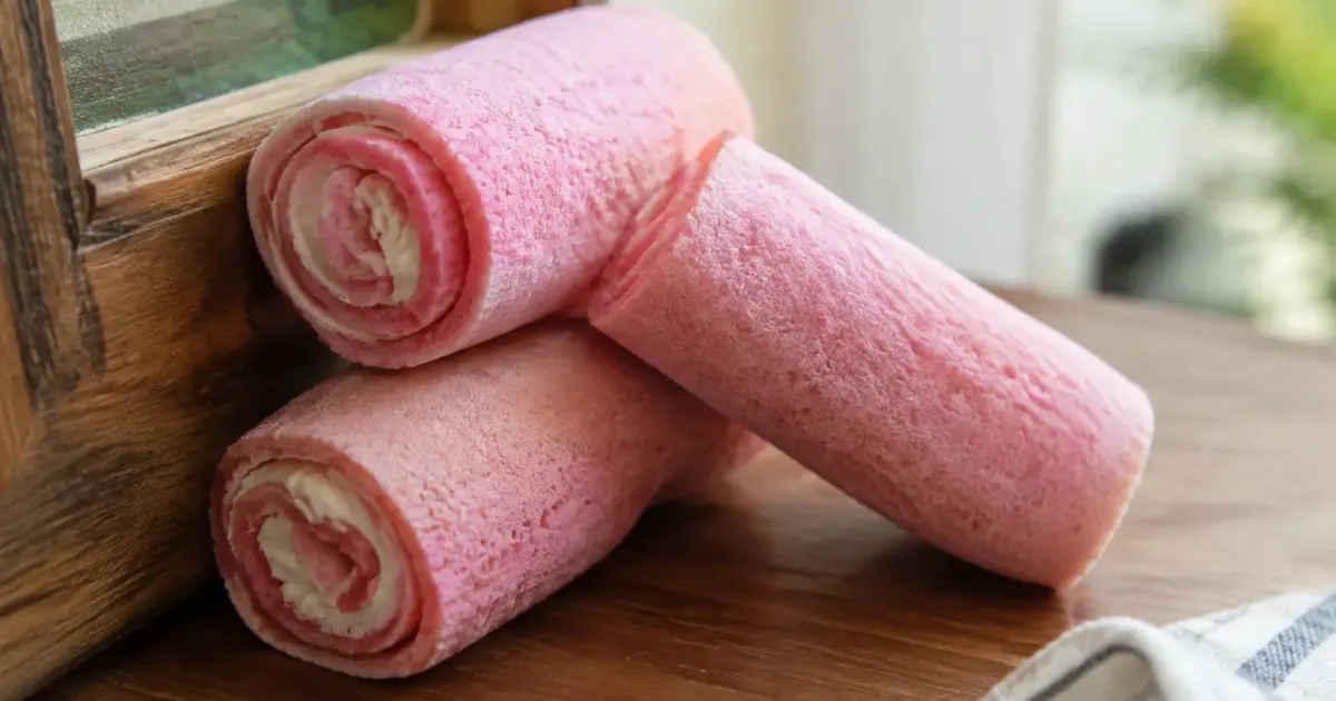 Rouleaux roses epais poses contre cadre bois