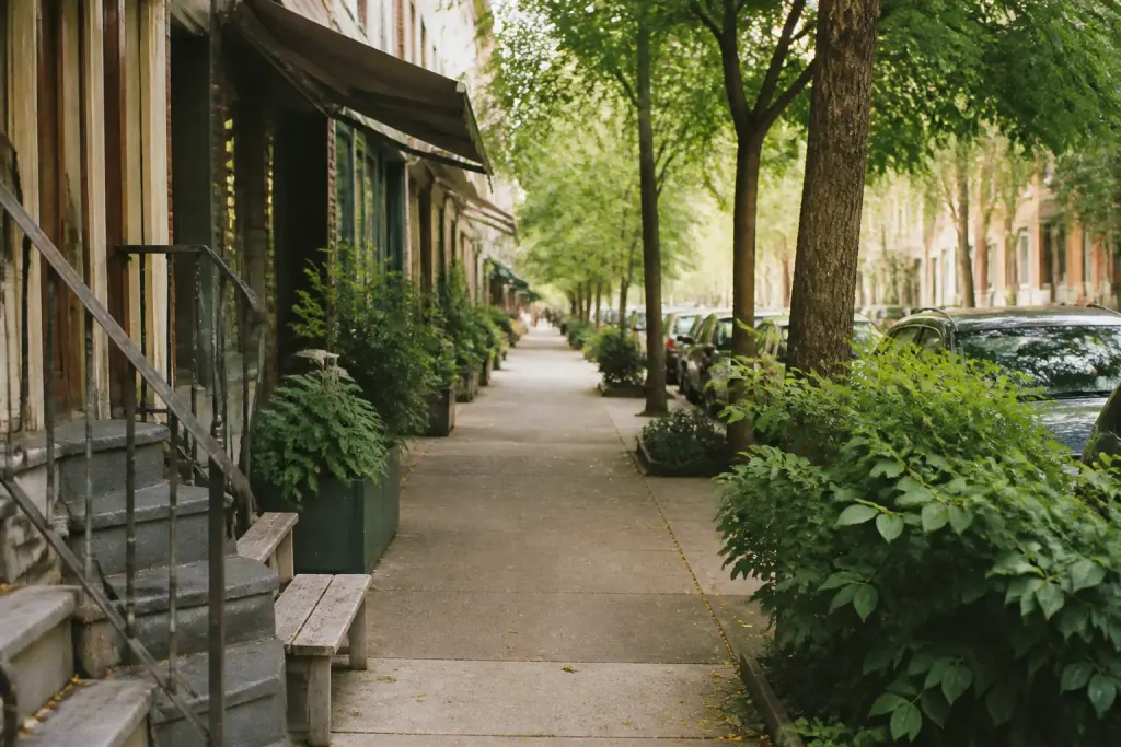 Rue residentielle avec commerces locaux et verdure