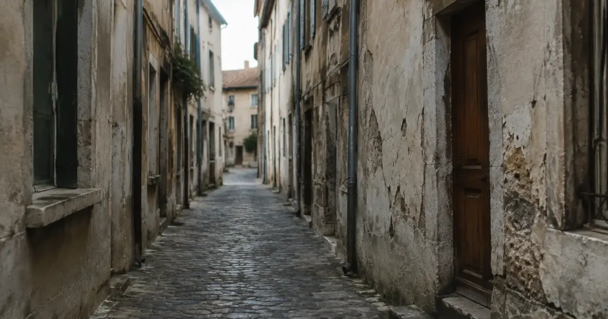 rue pavee sombre flanquee de facades fissurees et ternies